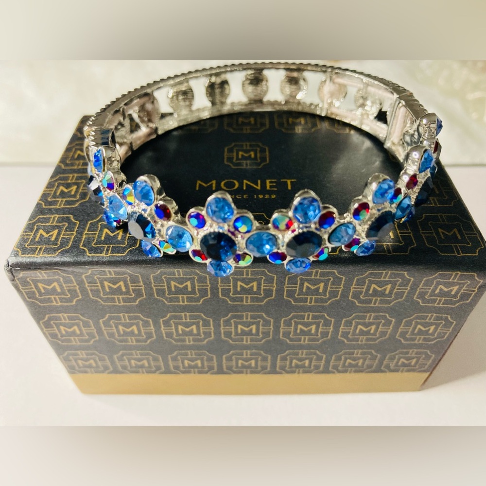 Monet Silver Bangle with Bright Blue Crystal Flowers - Picture 5 of 5
